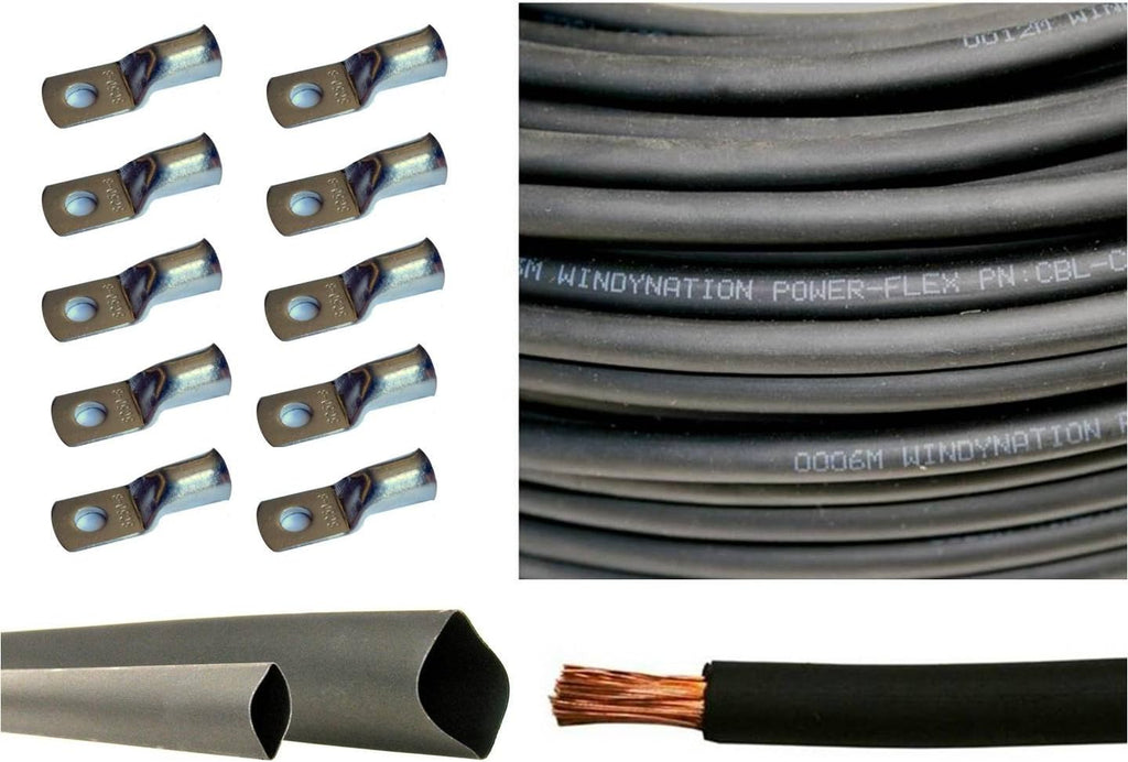 4/0 AWG 10 Feet Red + 10 Feet Black Pure Copper Flexible Cable + 10pcs 3/8" Tinned Copper Cable Lug Terminal Connectors + 3 Feet Black Heat Shrink Tubing Z756348