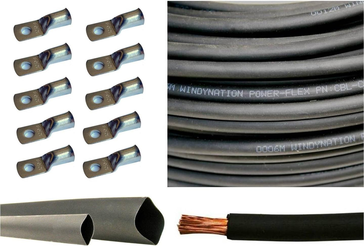 4/0 AWG 10 Feet Red + 10 Feet Black Pure Copper Flexible Cable + 10pcs 3/8" Tinned Copper Cable Lug Terminal Connectors + 3 Feet Black Heat Shrink Tubing Z756348