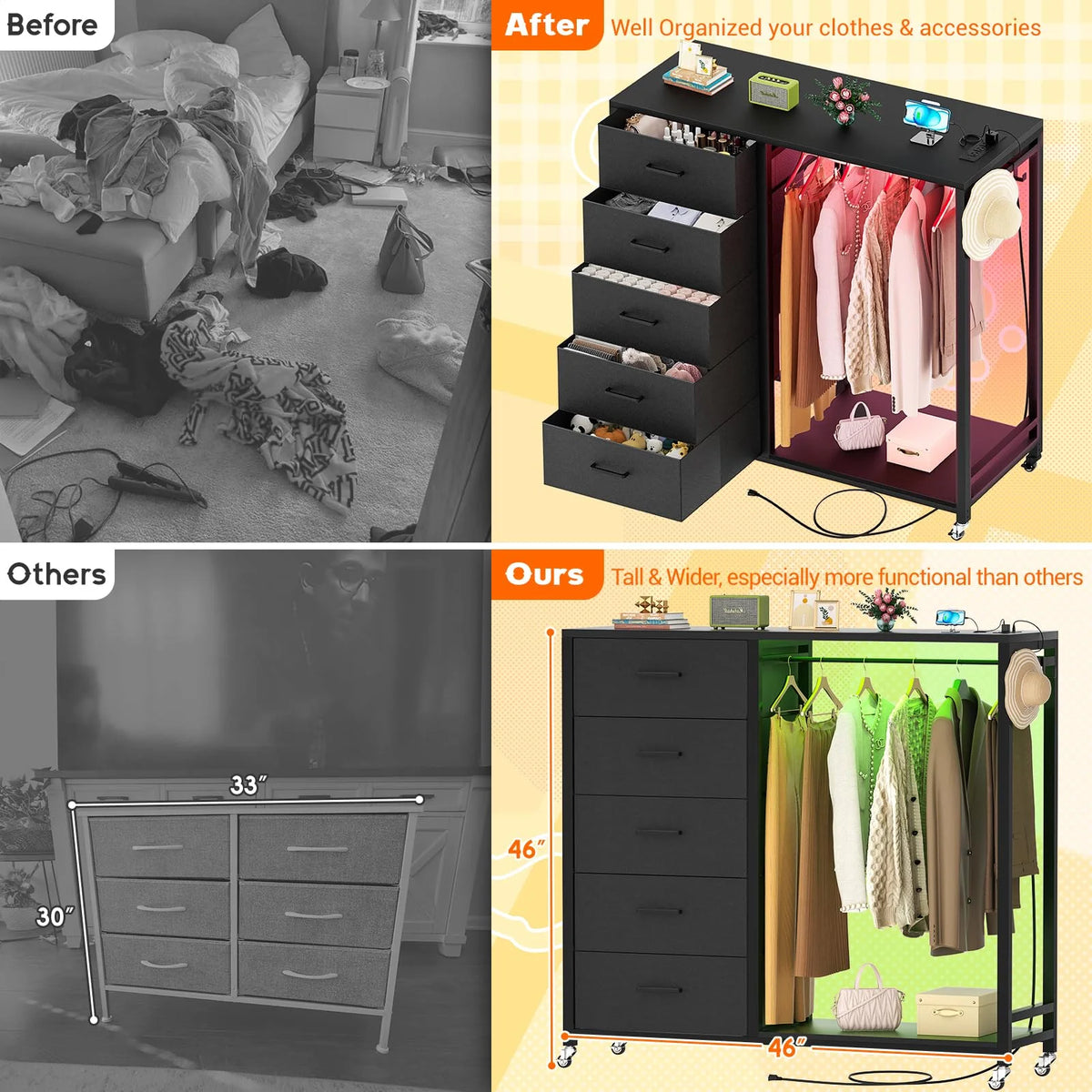 White 5 Drawer Dresser with Clothes Rack S4249