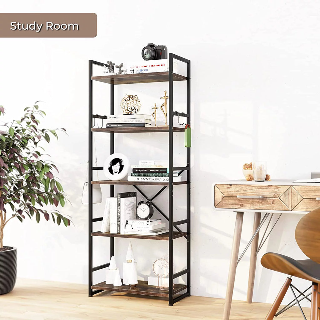 5 Tier Wood Bookcase with 4 Hooks Q95143