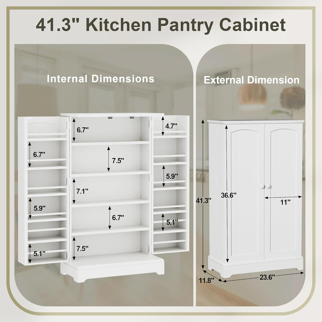 White Kitchen Pantry Storage Cabinet with Doors and Adjustable Shelves T468678