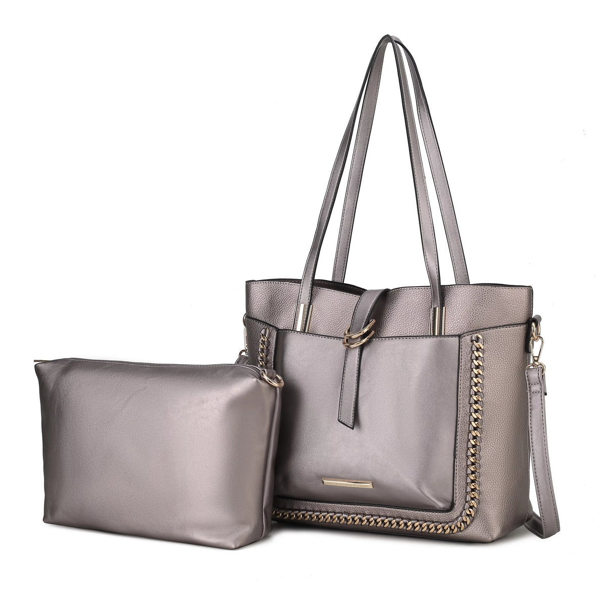 Vegan Leather Women's Shoulder Bag Crossbody Pouch 2 pcs Pewter J98555