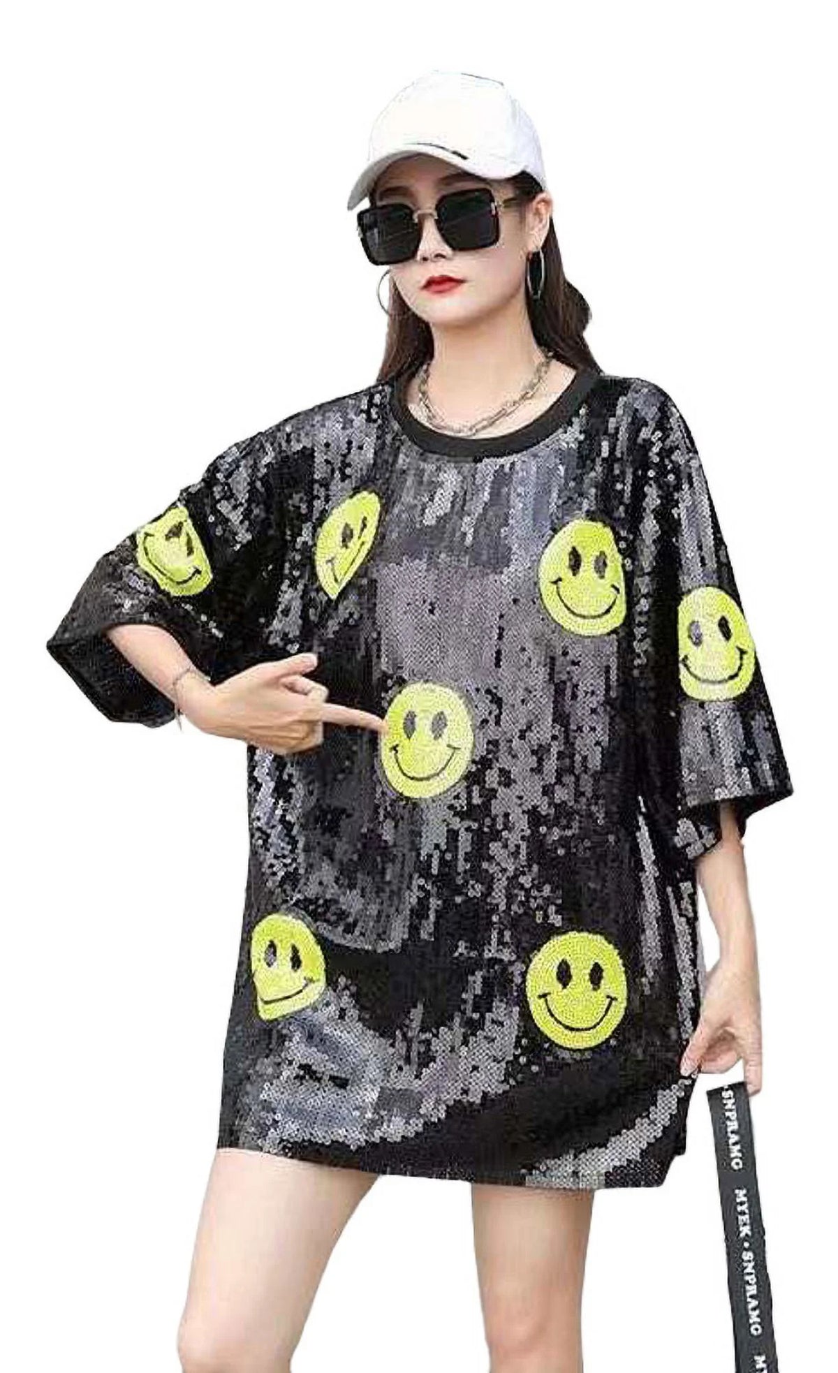 Sequin Smiley Face T Shirt Mini Dress Tunic Black T4692