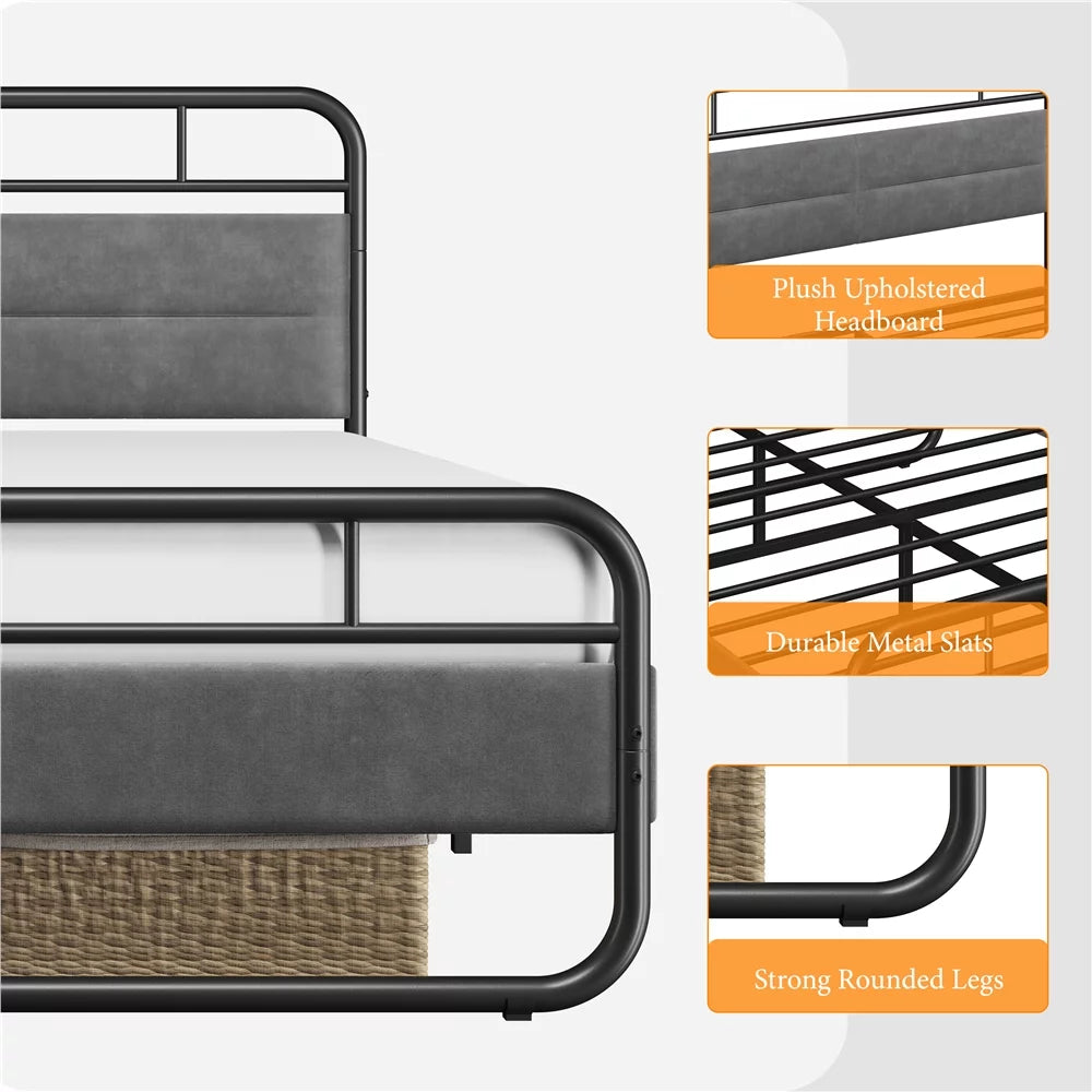 Queen Size Metal Platform Bed with Velvet Upholstered Headboard Dark Gray K55134