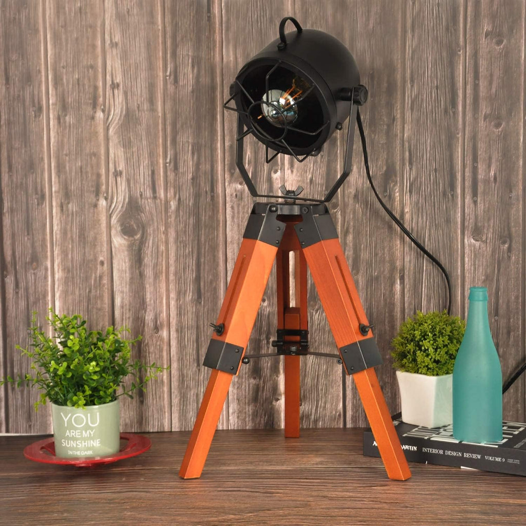 Vintage Adjustable Wood Tripod Floor Lamp with Black Cage Lampshade I94940
