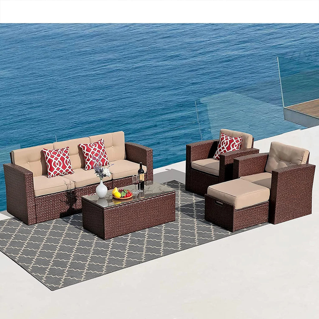 7 Piece PE Wicker Sofa Ottoman with 3 Red Pillows G886278