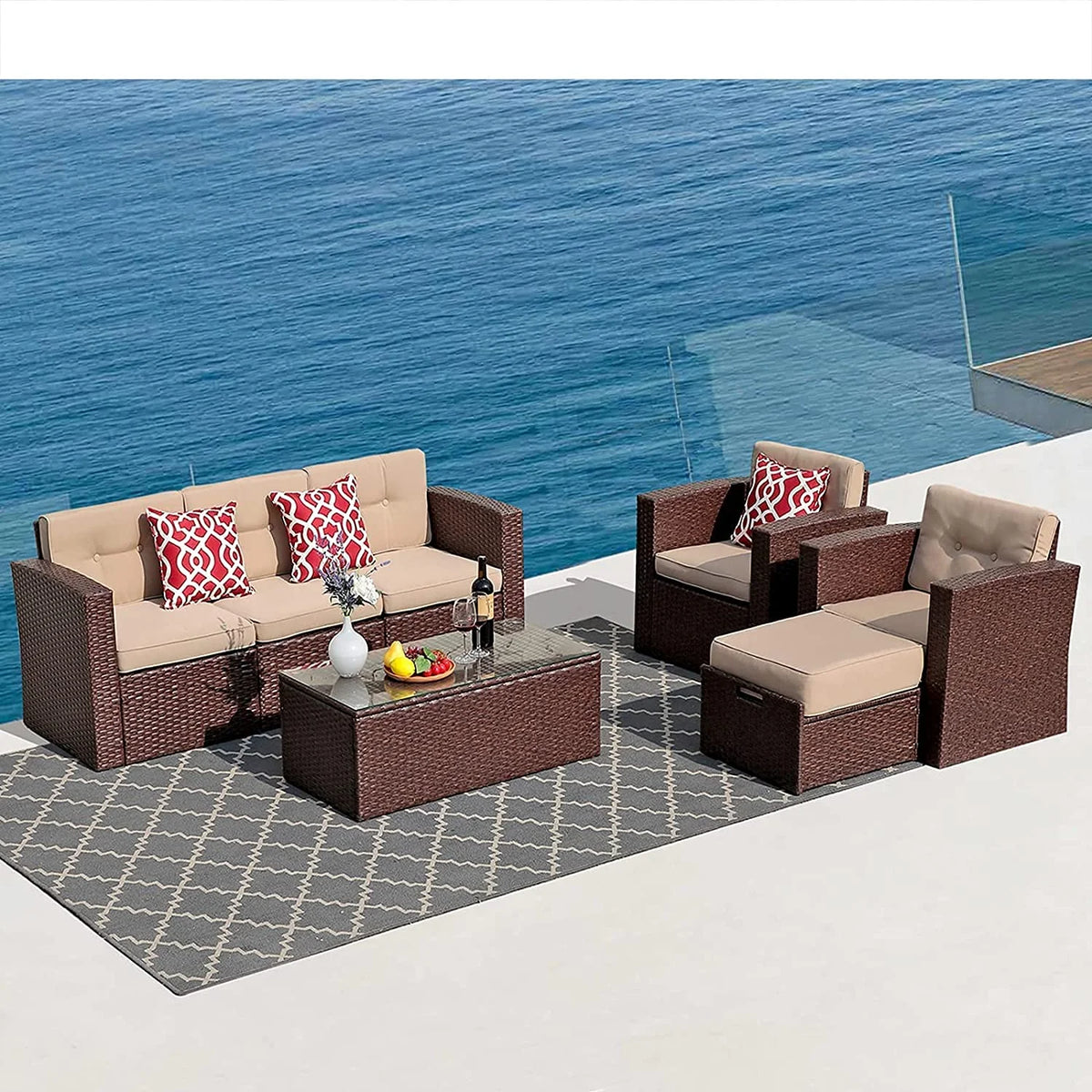 7 Piece PE Wicker Sofa Ottoman with 3 Red Pillows G886278