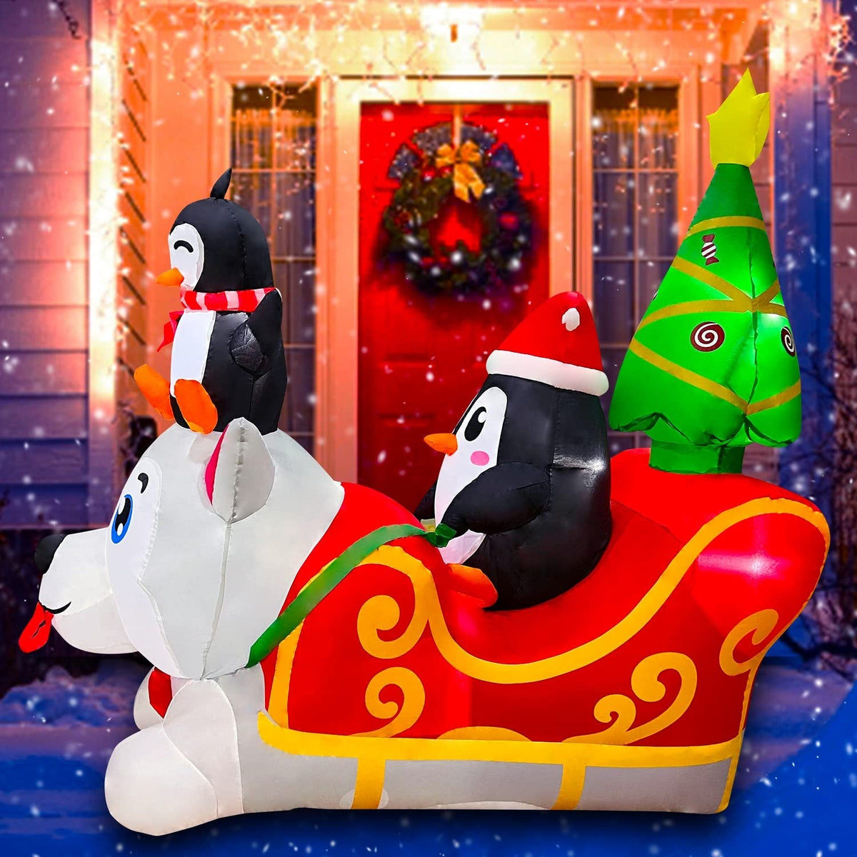 Inflatable Christmas Dog Sledding Decoration with Penguin and Christmas Tree, 5FT Y19432