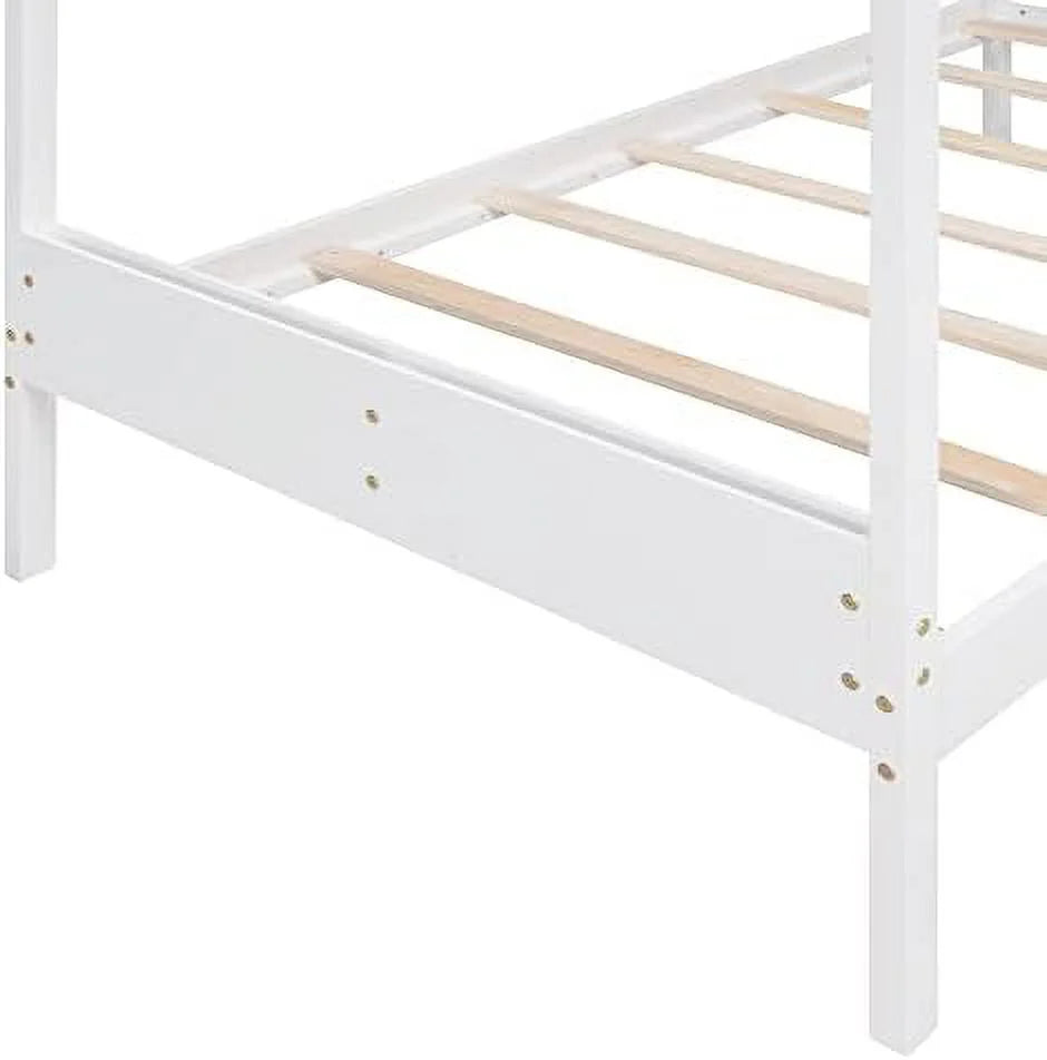 Twin Size Wood House Bed with Desk and Roof J605