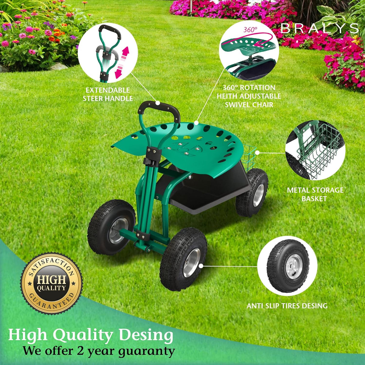 Garden Cart with Seat Rolling Gardening Cart with Large Wheels Basket Waterproof Cover S755496