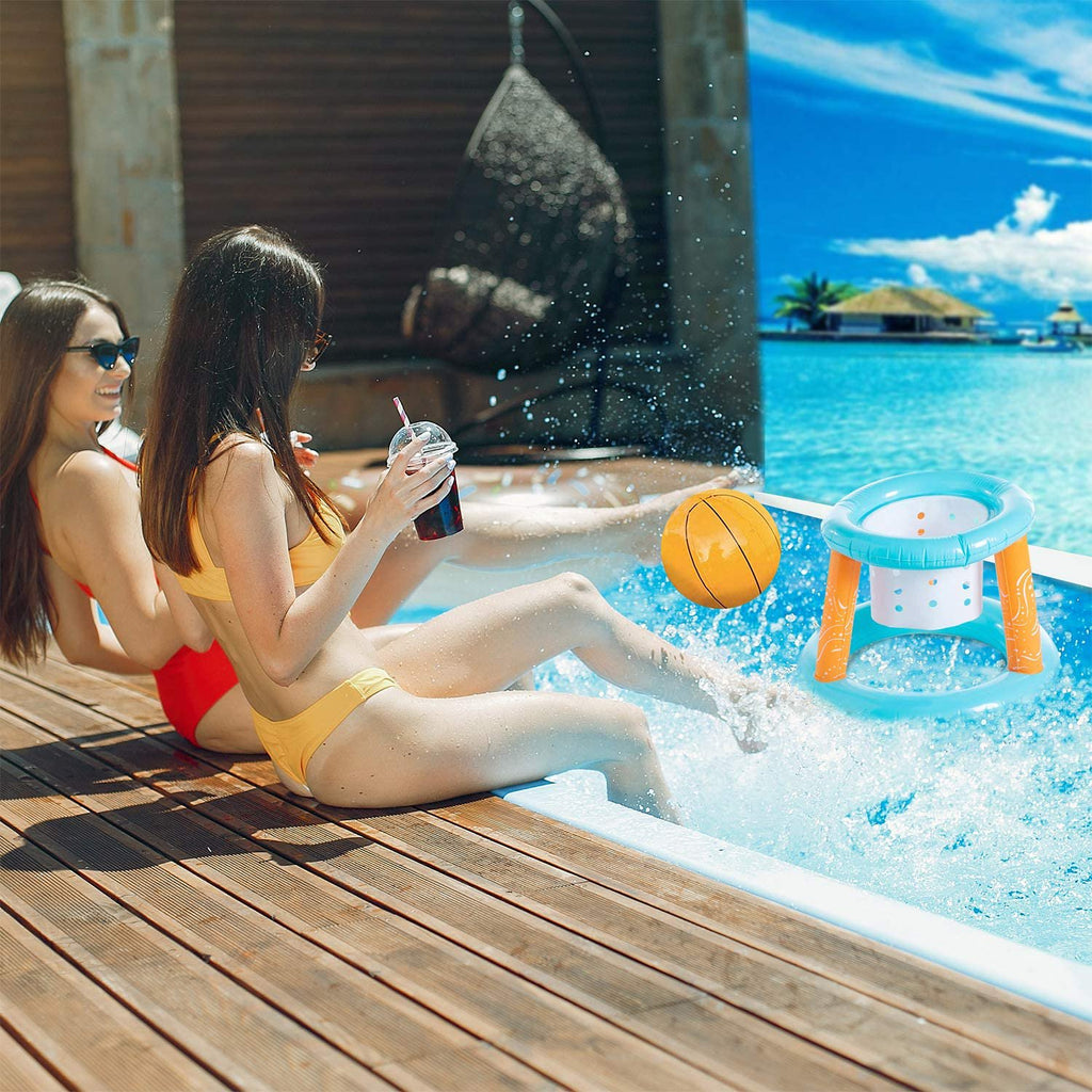 Inflatable Pool Float Set with Volleyball Net, Basketball Hoops, Balls Included F698570