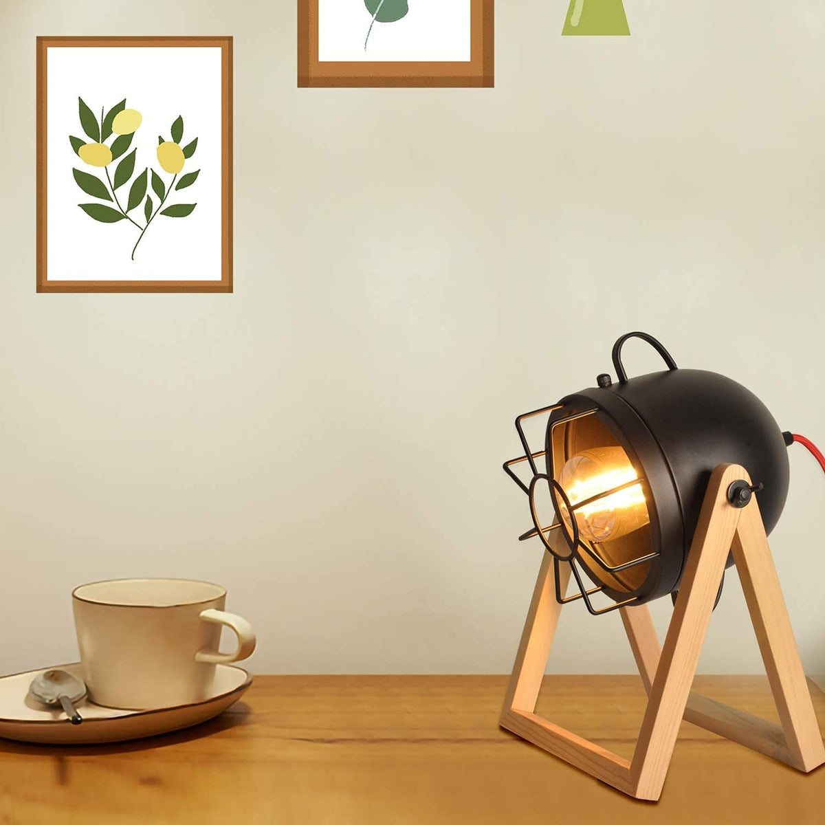 Vintage Adjustable Wood Tripod Floor Lamp with Black Cage Lampshade I94940