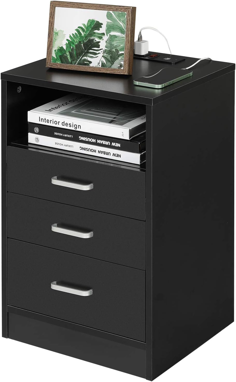 Black 3 Drawer Wood Nightstand with USB Port F46272