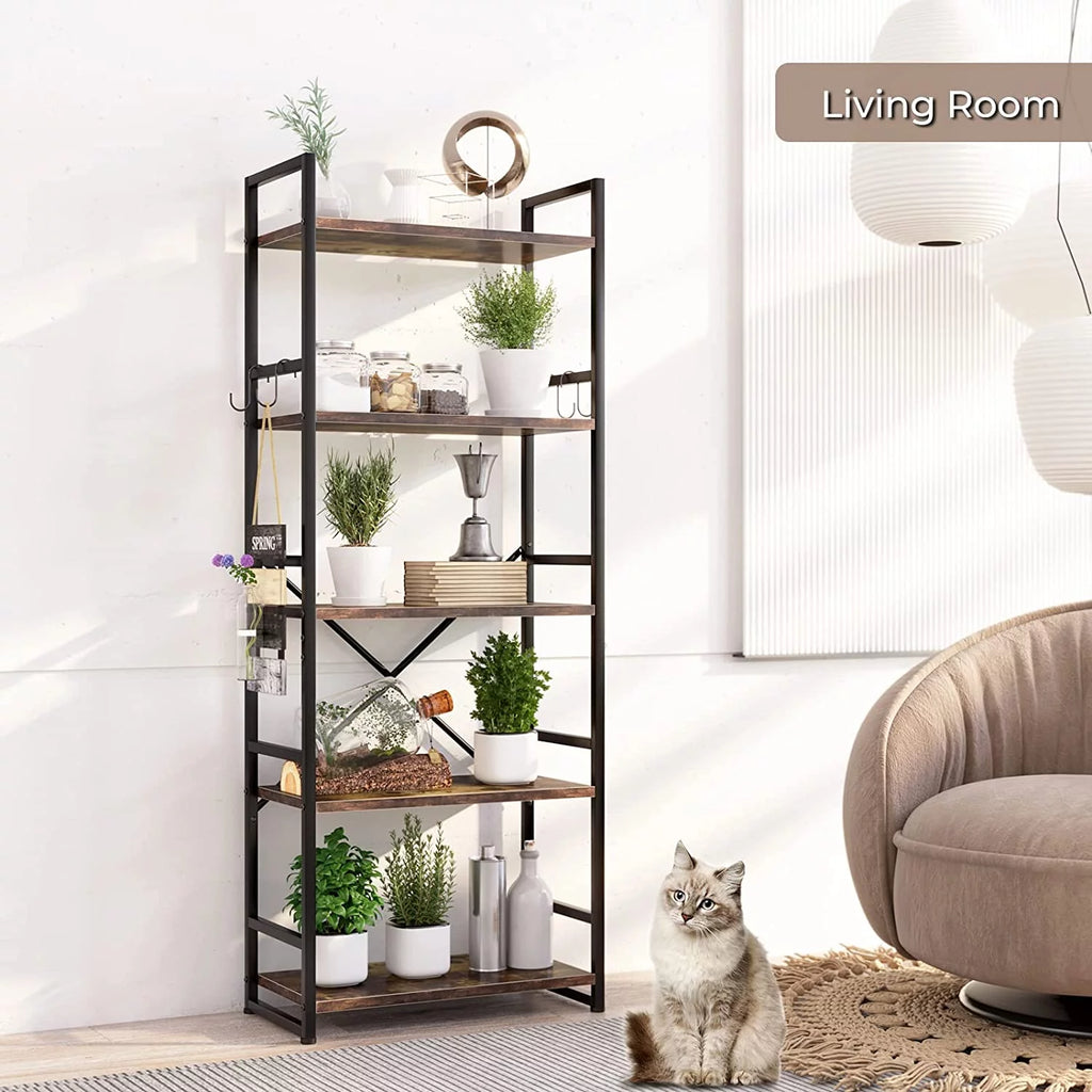 5 Tier Wood Bookcase with 4 Hooks Q95143