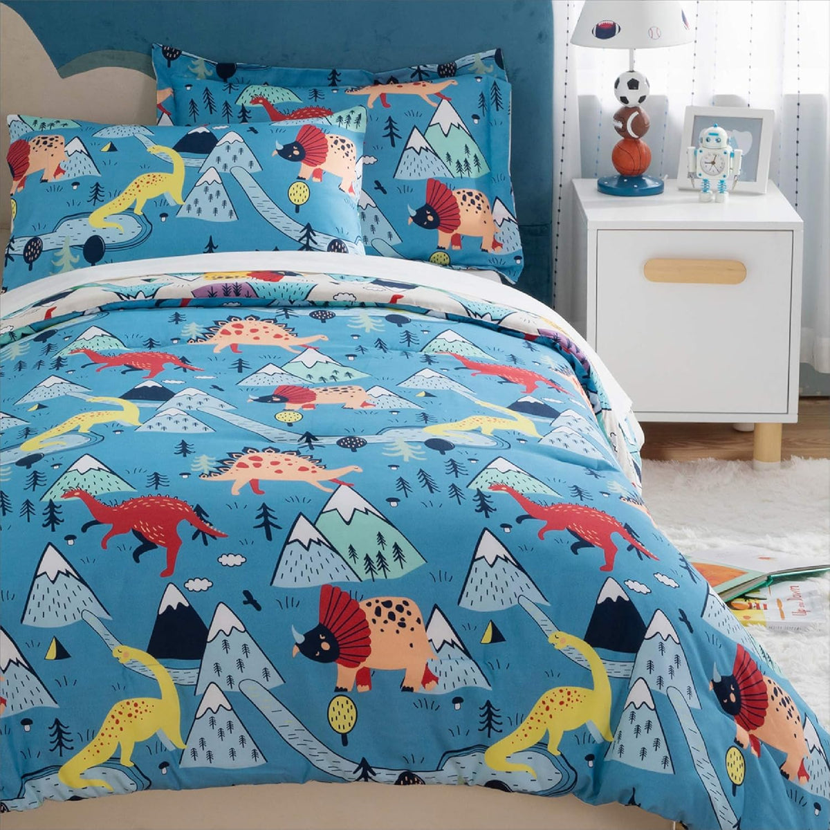 Blue Twin 5 Piece Dinosaur Kids Bedding Set U122684