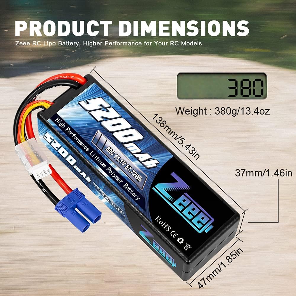 11.1V 80C 5200mAh 3S Lipo Battery with EC5 Connector Hardcase Battery (2 Packs) N1160