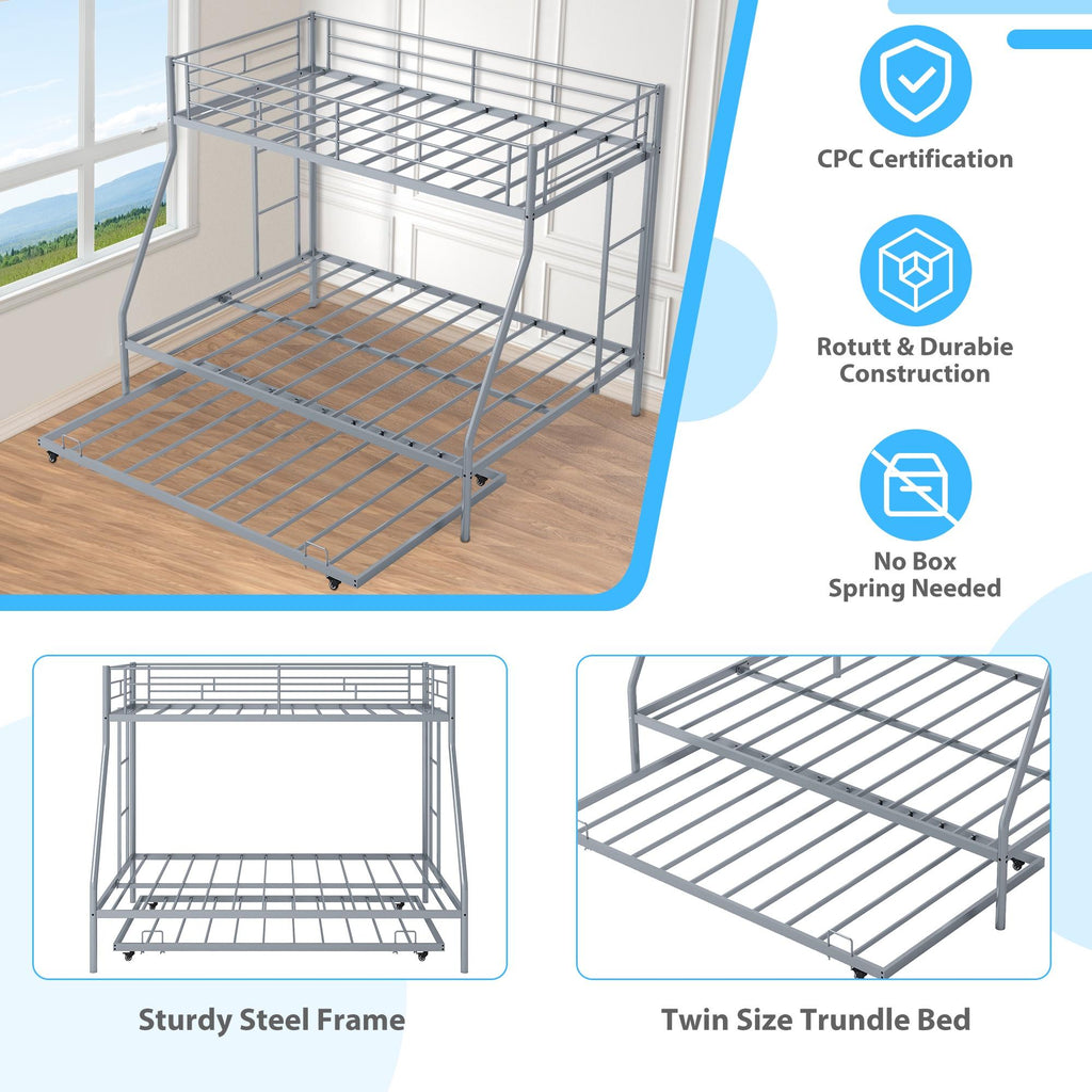 Twin Over Full Metal Bunk Beds with Trundle Bed and Side Ladders L711