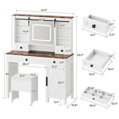 Vanity Desk with Sliding Mirror & Lights, Glass Top, 4 Drawers & Storage Cabinet, Cushioned Stool V646