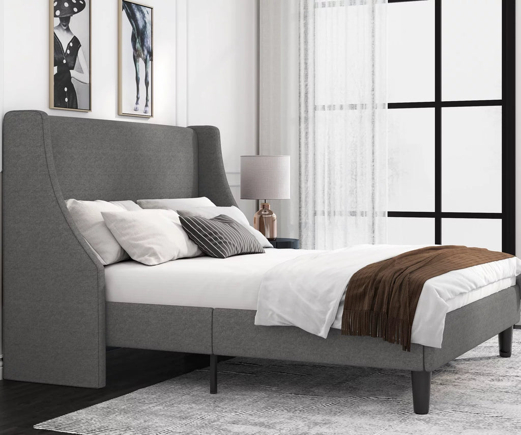 Full Size Fabric Upholstered Platform Bed Frame with Wingback Headboard, Light Grey D7122