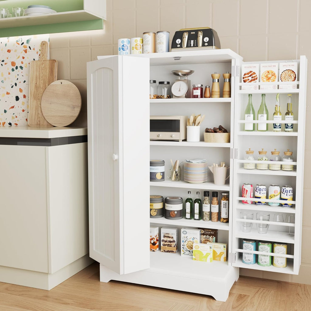 White Kitchen Pantry Storage Cabinet with Doors and Adjustable Shelves T468678