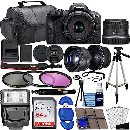 Mirrorless Camera with RF-S 18-45mm f/4.5-6.3 STM Lens + Wide Angle & Telephoto Lenses + 64GB Memory + 3pc Filter Kit + Case + Flash + Tripod M8148