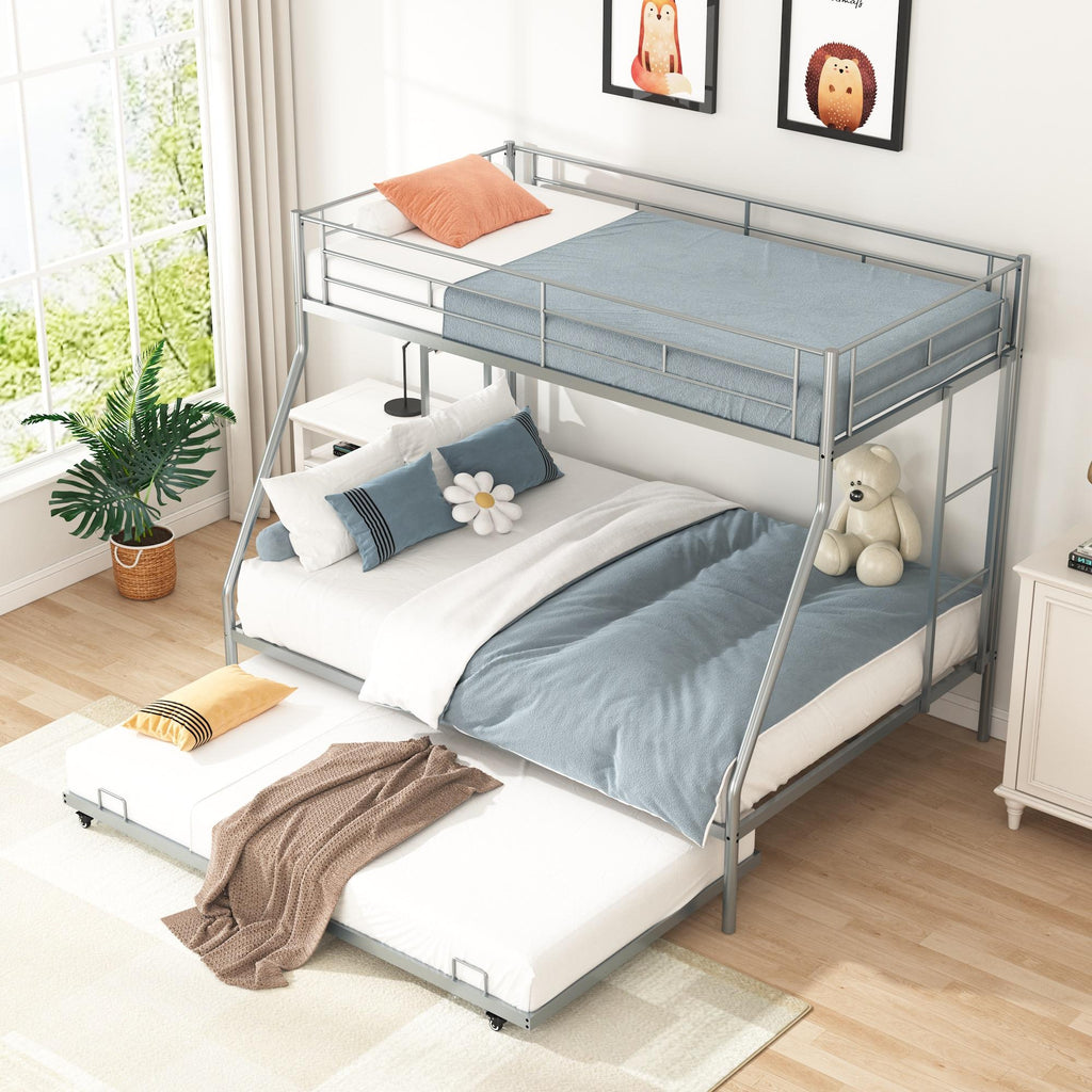 Twin Over Full Metal Bunk Beds with Trundle Bed and Side Ladders L711