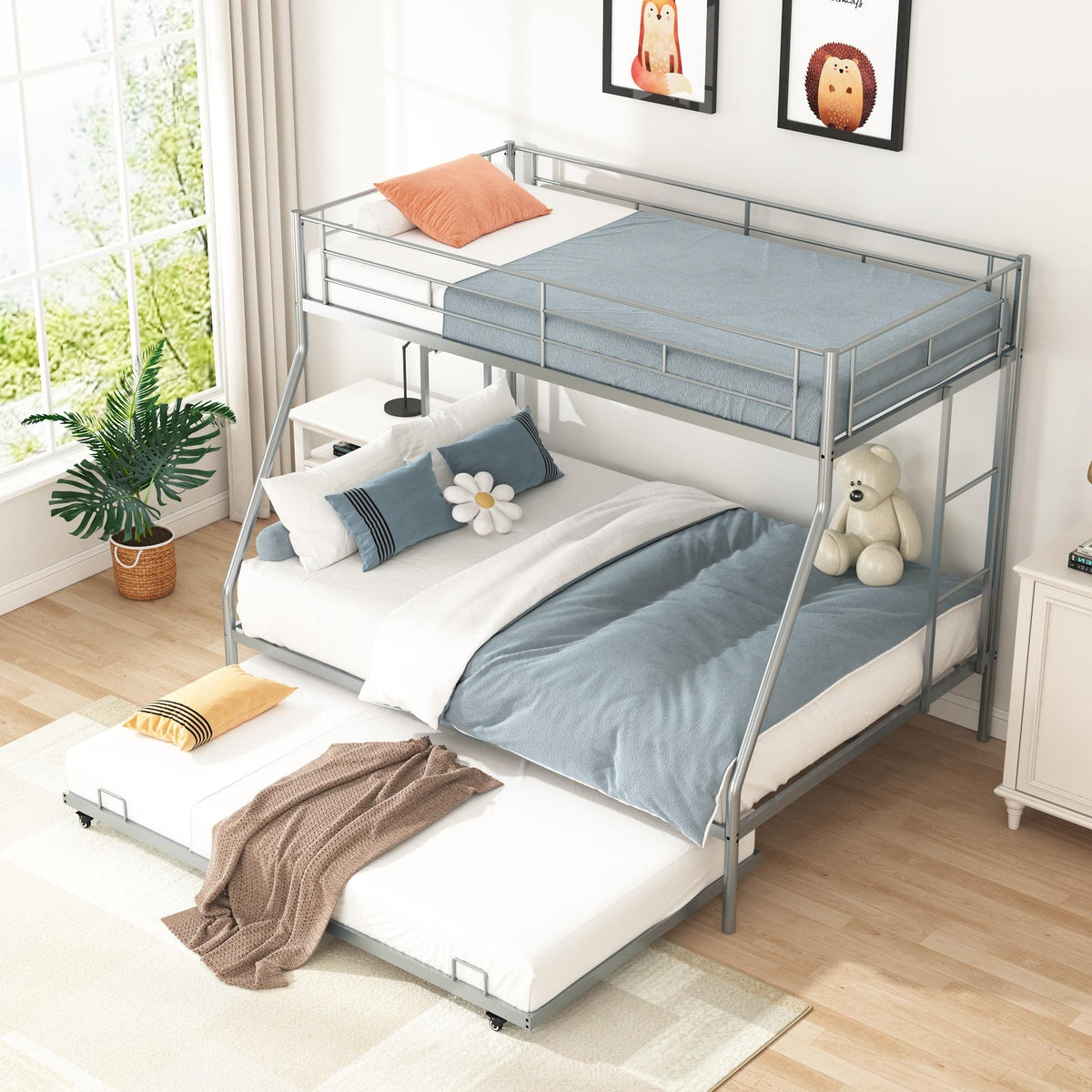 Twin Over Full Metal Bunk Beds with Trundle Bed and Side Ladders L711