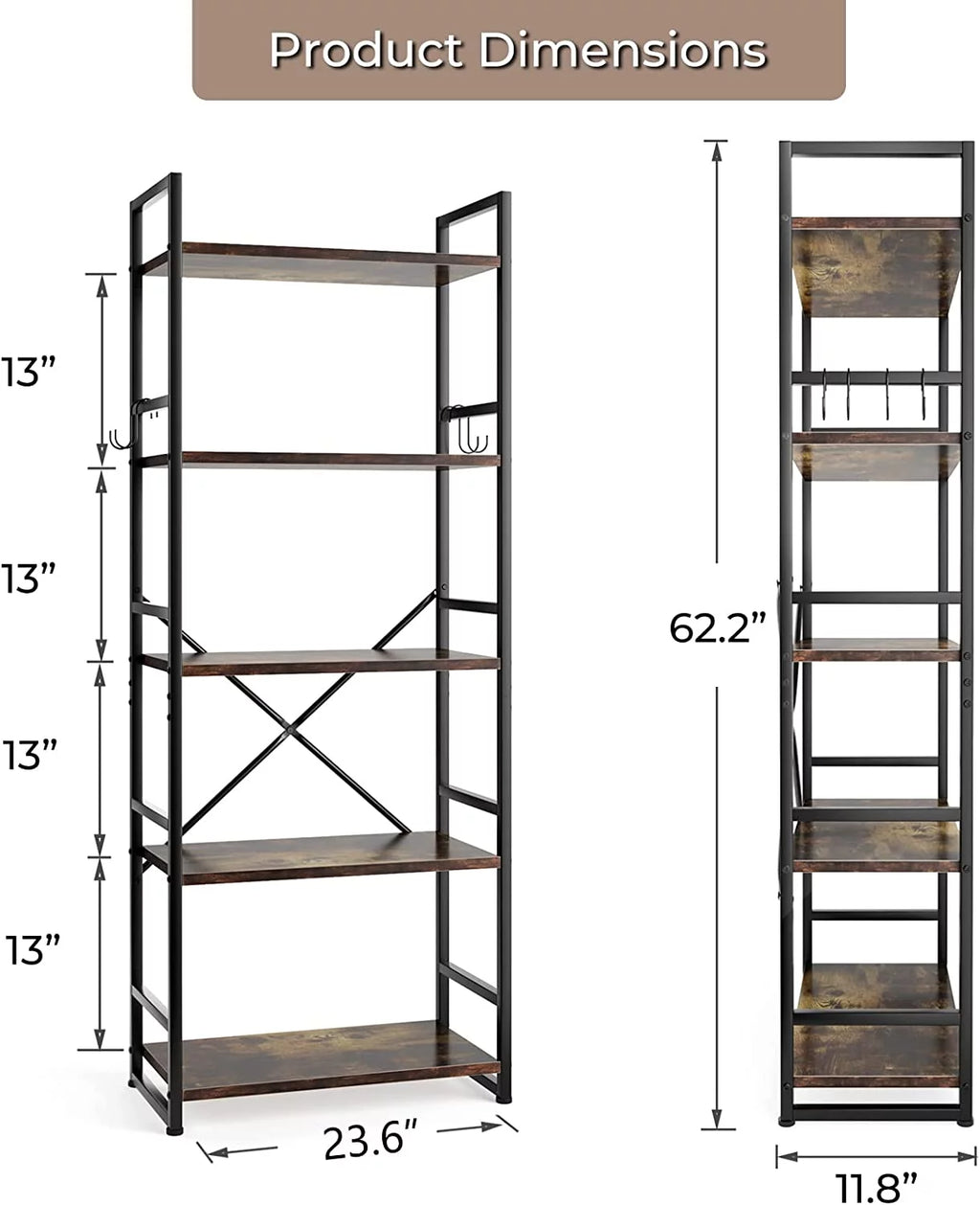 5 Tier Wood Bookcase with 4 Hooks Q95143