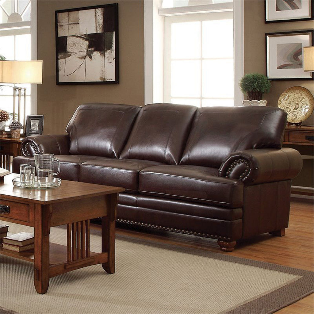 Brown Faux Leather Sofa with Rolled Arms V949