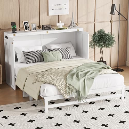 Solid Pine Queen Size Murphy Cabinet Wall Bed with Storage Drawers H99463