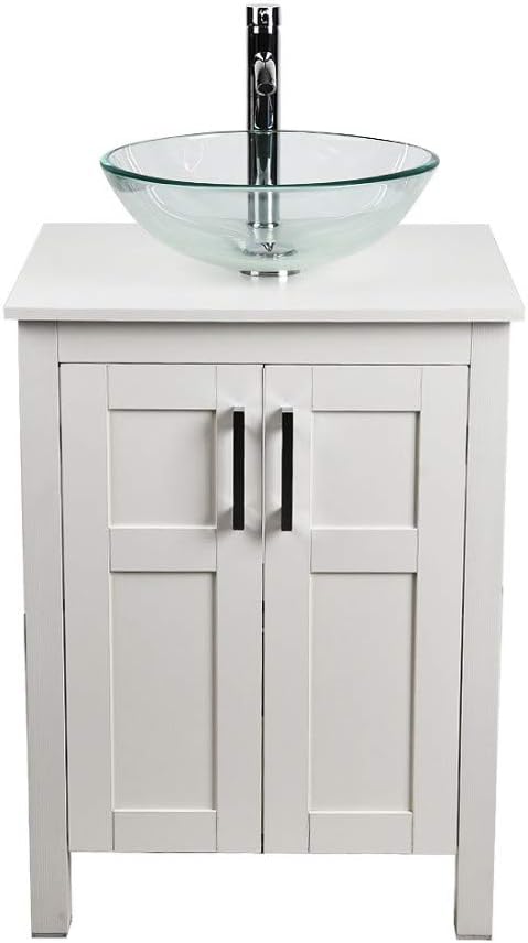 White 24 Inches Bathroom Vanity with 2 Doors Tempered Glass Sink Top Y53503