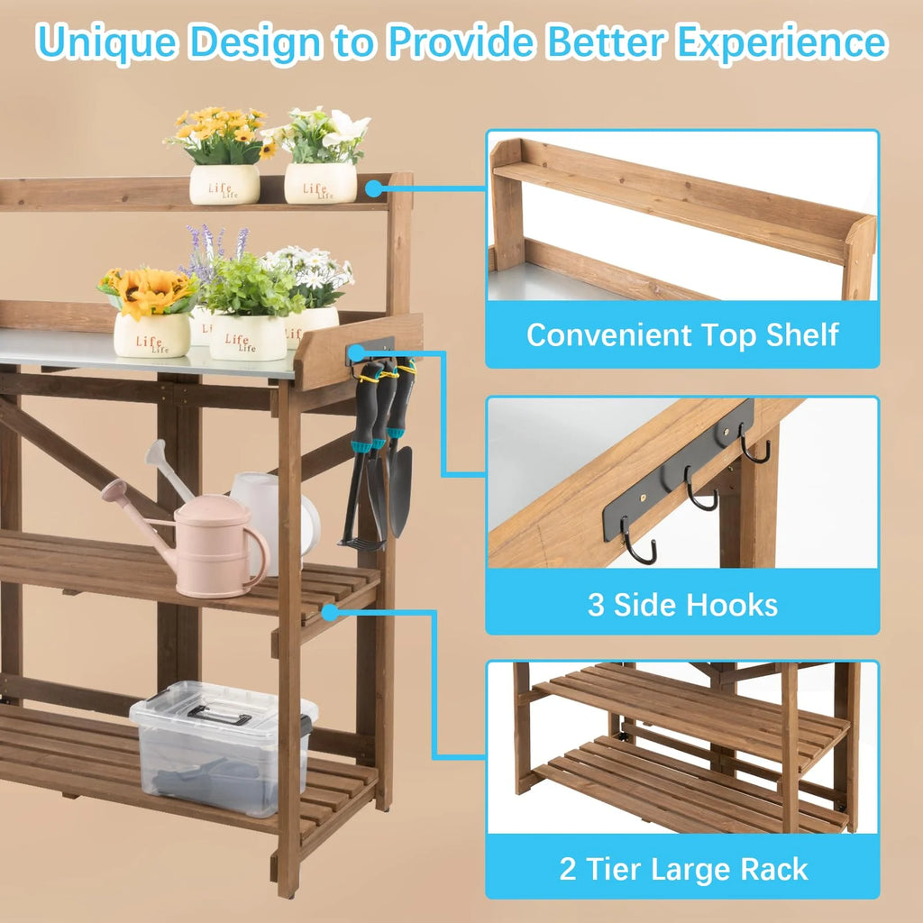 Folding Potting Bench Table with Galvanized Tabletop 2 Tier Storage Shelves B334371