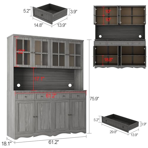 Large Wooden Grey Kitchen Hutch Cabinet with Glass Doors H73998
