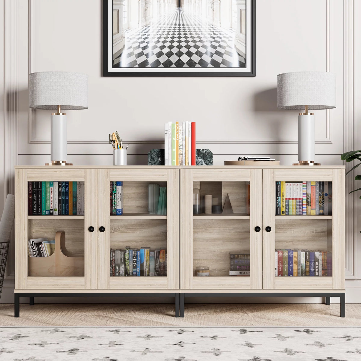 Natural Wooden Sideboard Buffet Cabinet with Acrylic Glass Doors P962