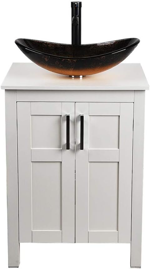 White 24 Inches Bathroom Vanity with 2 Doors Tempered Glass Sink Top Y53503