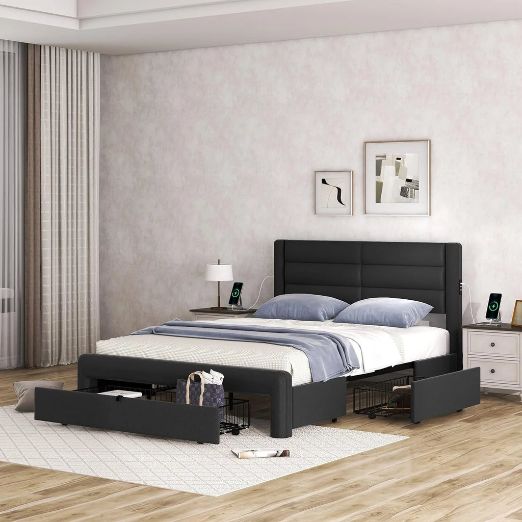 Queen Size Black Leather Upholstered Bed with Headboard and 3 Storage Drawers B565212