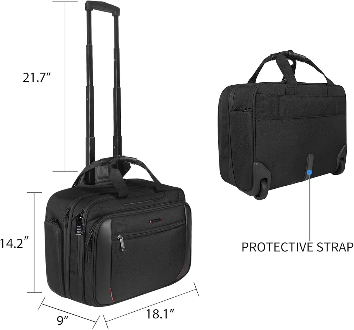 Rolling Laptop Bag, 17.3 inch Water Repellent Travel Bag with RFID Blocking Pocket, Black E91763