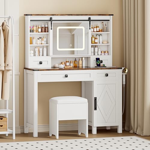 Vanity Desk with Sliding Mirror & Lights, Glass Top, 4 Drawers & Storage Cabinet, Cushioned Stool V646