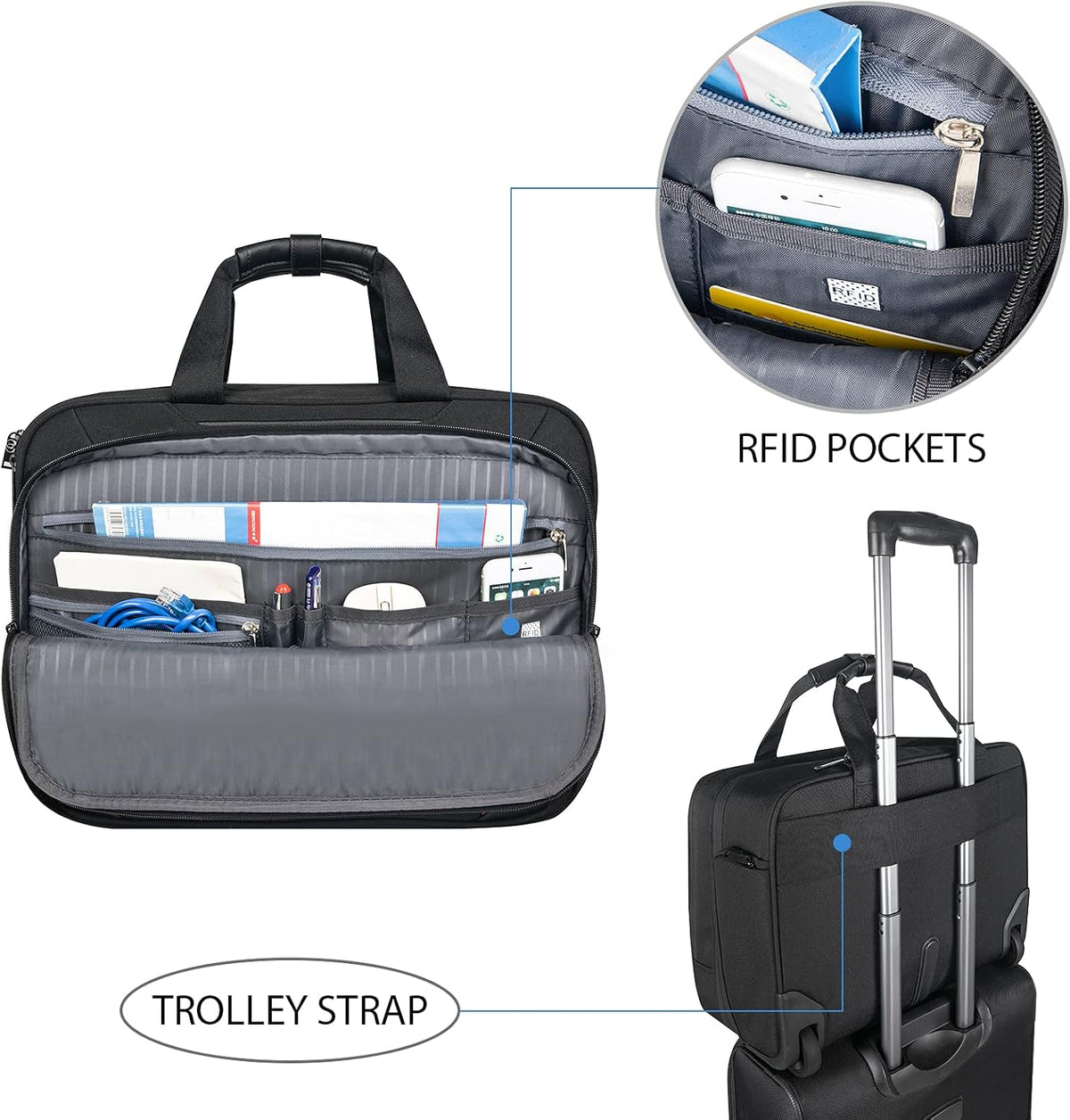 Rolling Laptop Bag, 17.3 inch Water Repellent Travel Bag with RFID Blocking Pocket, Black E91763