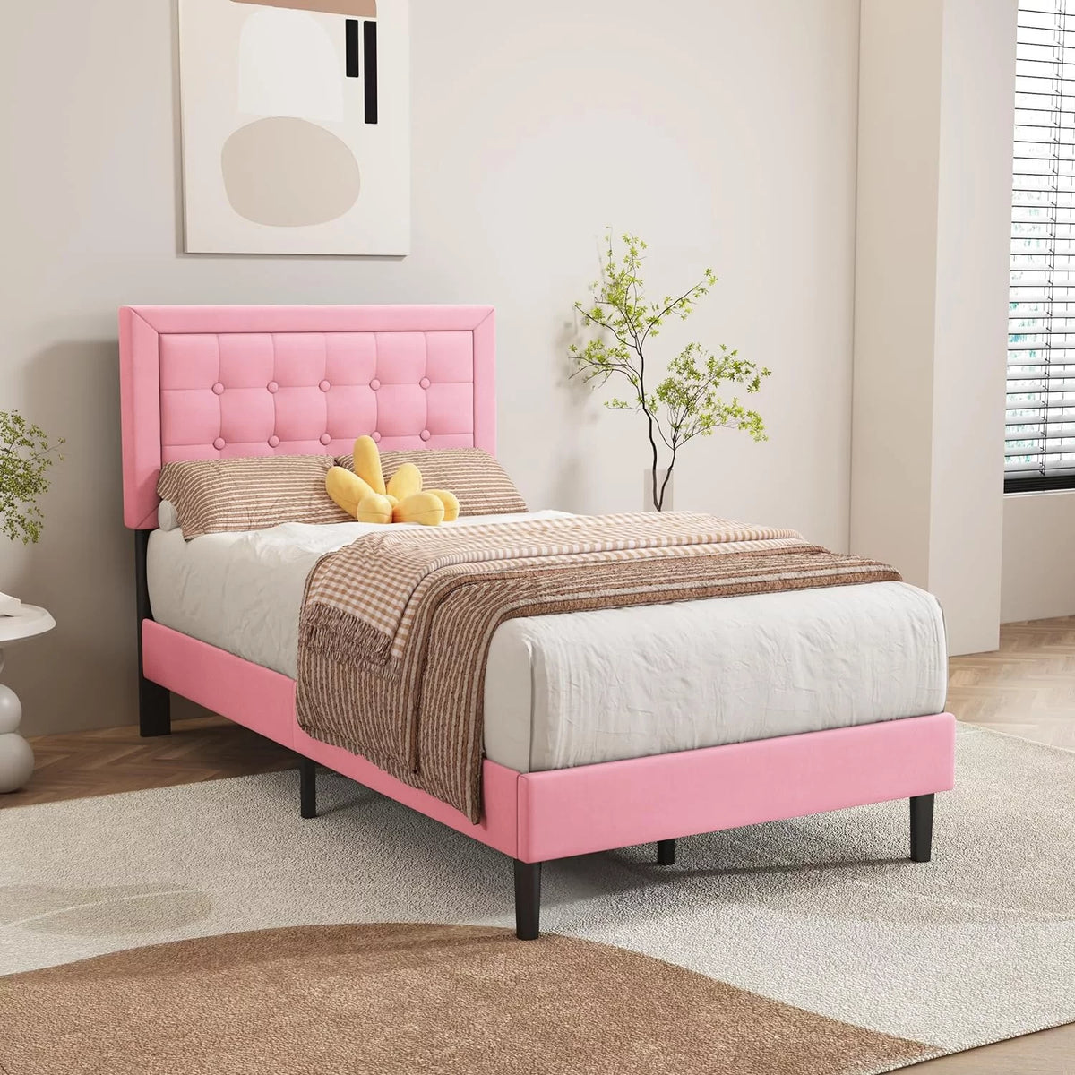 Pink Velvet Upholstered Platform Bed Frame Twin Size K100