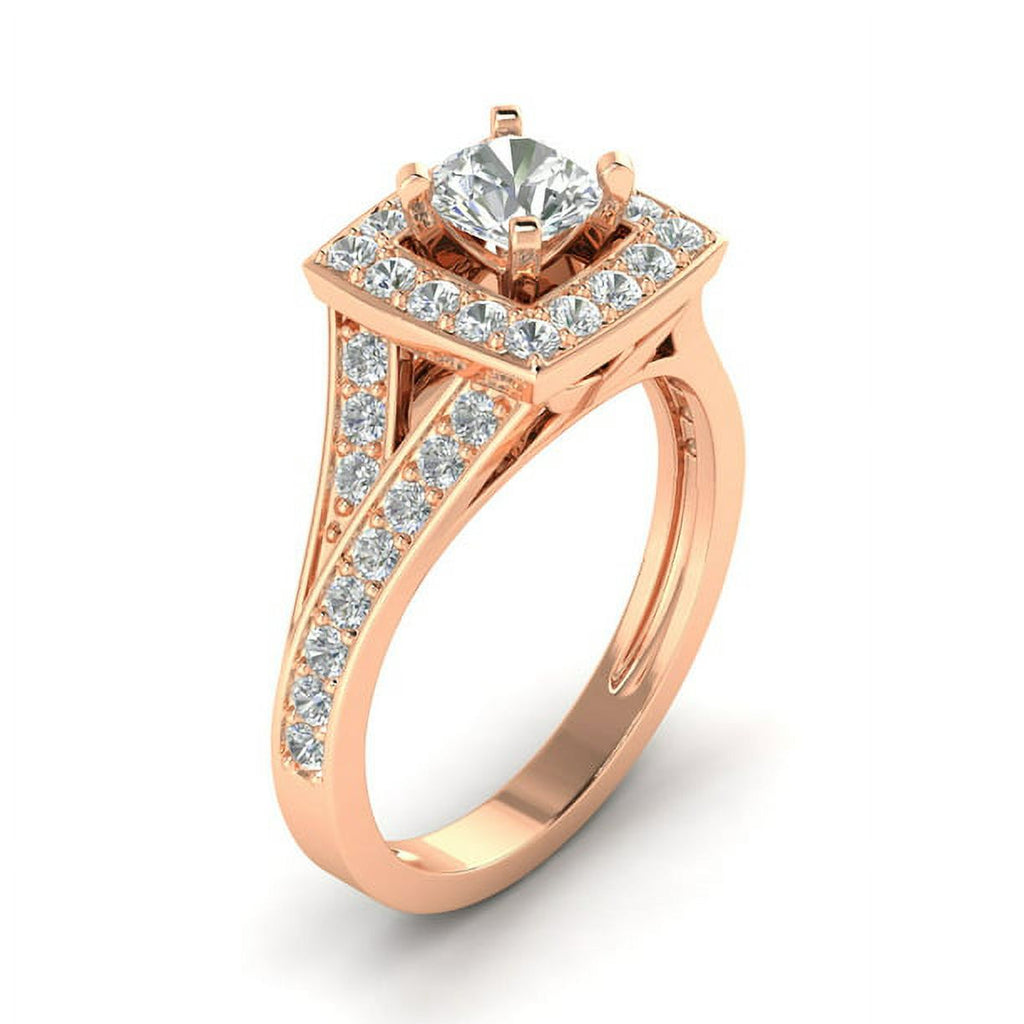 1Ct Round Cut Moissanite 10k Rose Gold Halo Ring V2956