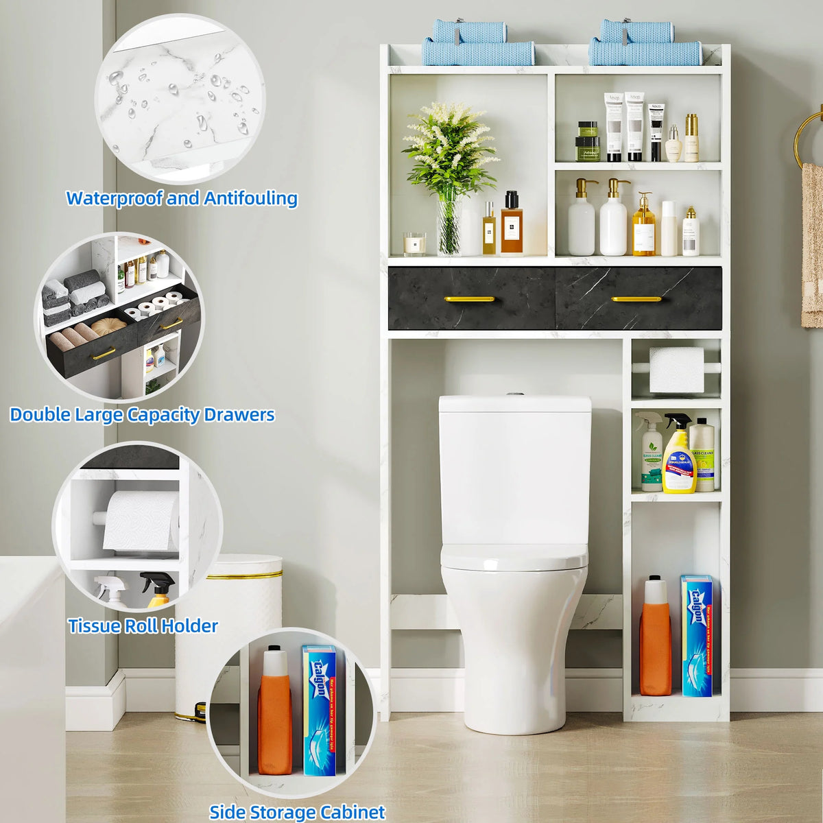 White Over The Toilet Storage Cabinet with Drawers and Adjustable Shelf I596