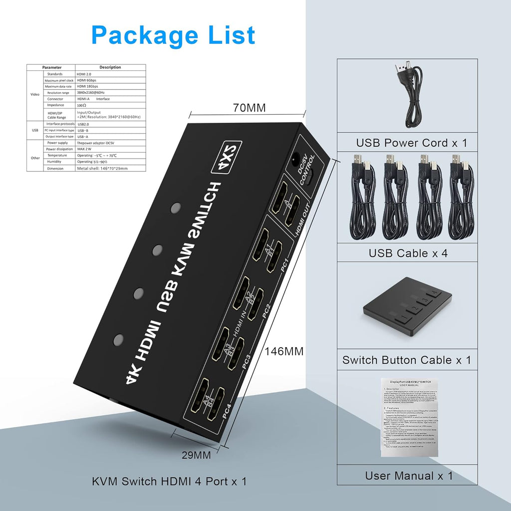 4 Port HDMI KVM Switch 4K@60Hz 4 in 2 Out F43824
