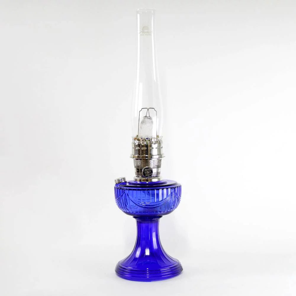 Cobalt Glass Non-Electric Oil Lamp with Blue Meadow Shade O3075
