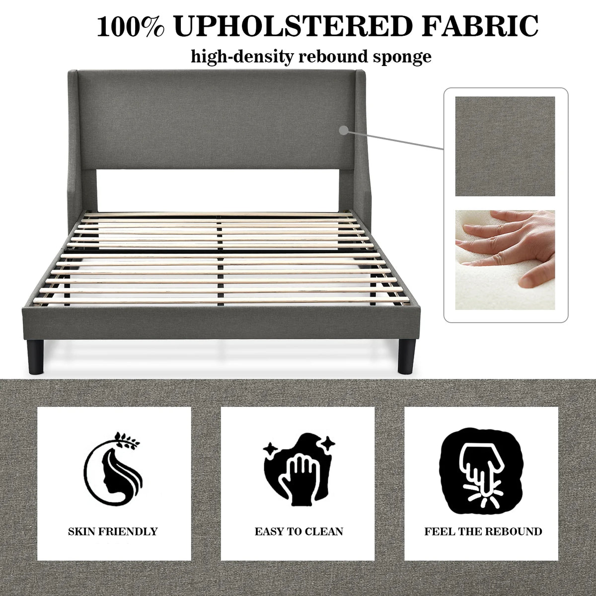 Full Size Fabric Upholstered Platform Bed Frame with Wingback Headboard, Light Grey D7122