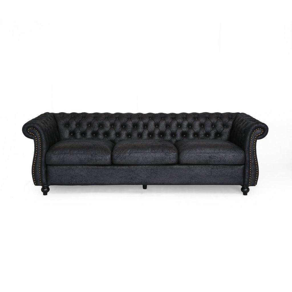 Navy Blue Tufted Microfiber Sofa with Scroll Arms S431922