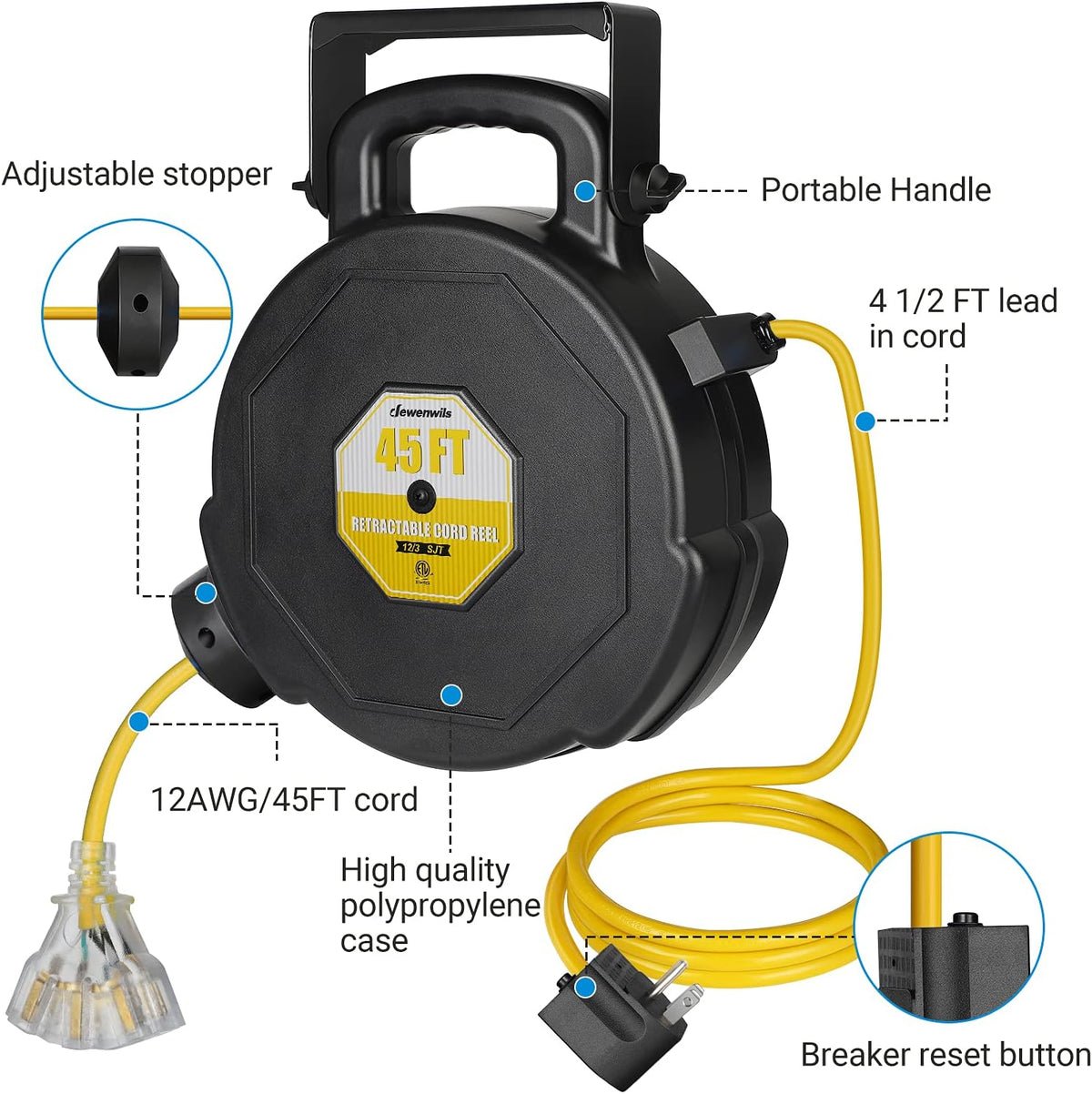 45FT Heavy Duty Retractable Extension Cord Reel with Lighted Triple Tap C55452