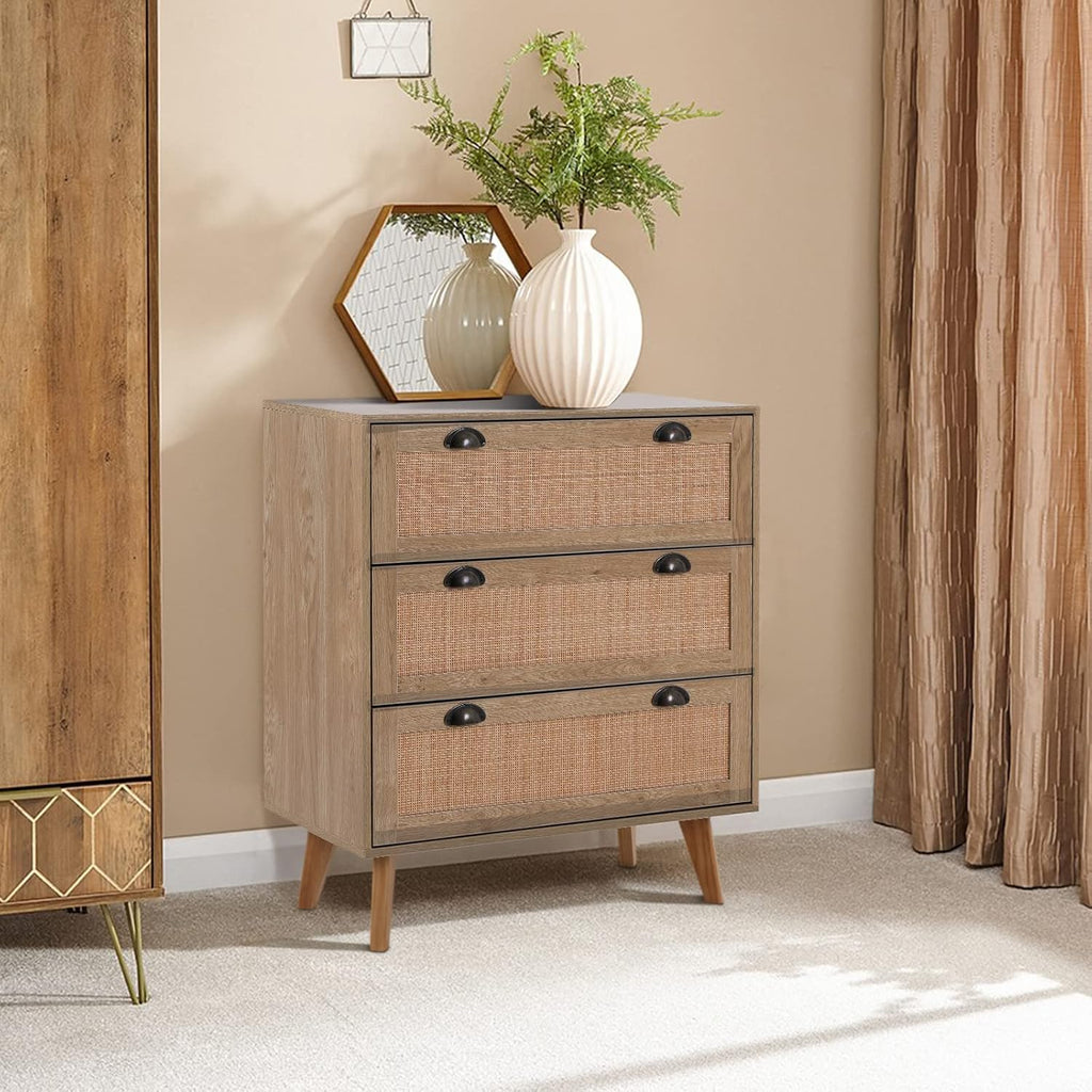 3 Drawer Rattan Storage Cabinet with Pine Wood Legs Y243