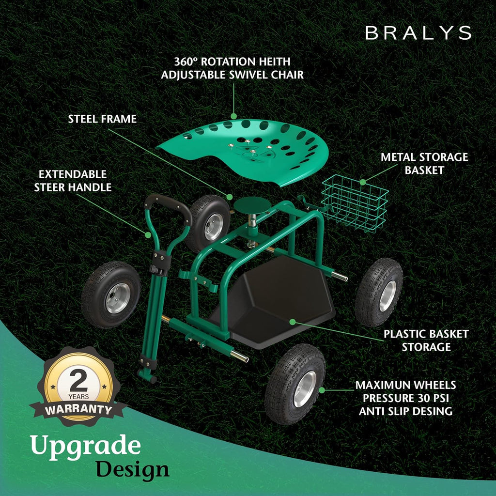 Garden Cart with Seat Rolling Gardening Cart with Large Wheels Basket Waterproof Cover S755496