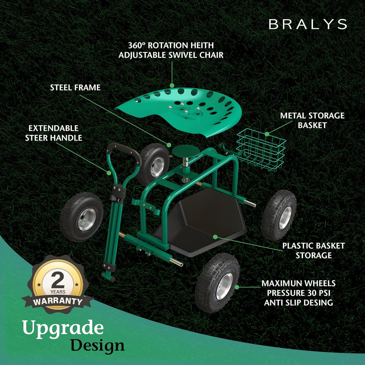 Garden Cart with Seat Rolling Gardening Cart with Large Wheels Basket Waterproof Cover S755496